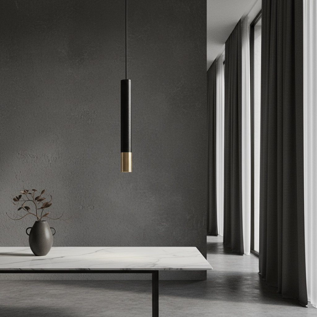 Fascinate pendant light with gold band over a modern kitchen island in a bright living space