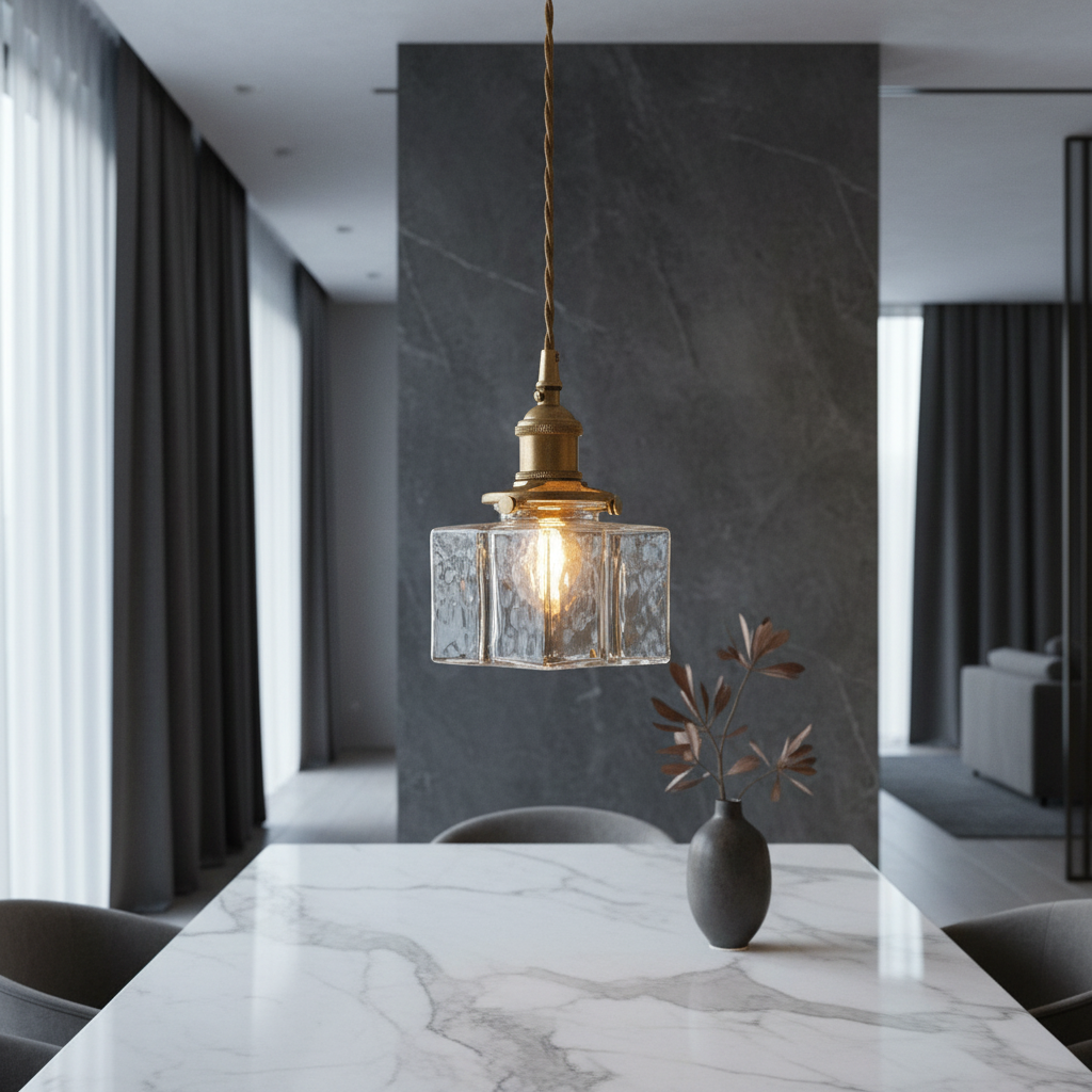 Tucana pendant light glowing over modern living room sofa