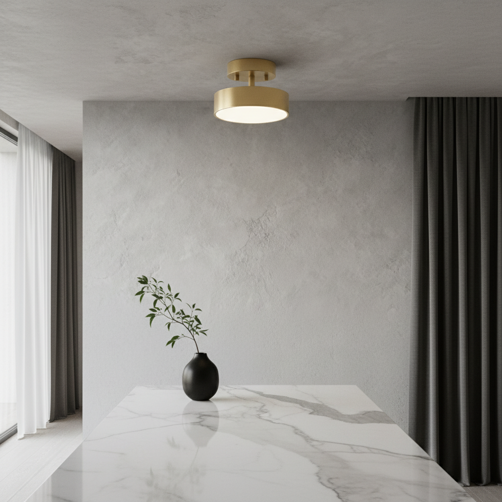 Talisman ceiling light glowing warmly in a modern dining room with copper frame