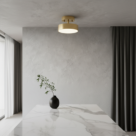 Talisman ceiling light glowing warmly in a modern dining room with copper frame