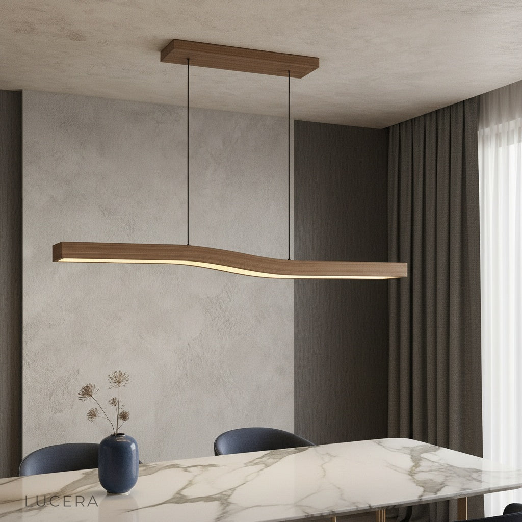 Tenebrous pendant light with wood-grain finish illuminating a modern living room