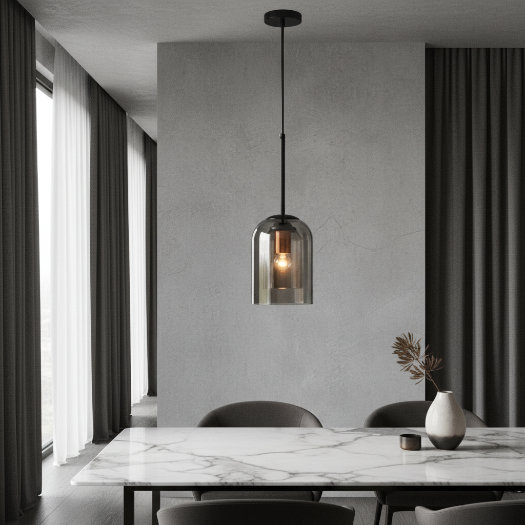 Theodora double glass pendant light with brass accents illuminating a modern dining room