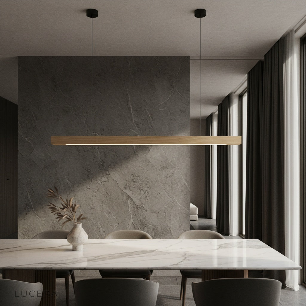 modern black walnut pendant light illuminating a cozy living room with soft ambient glow