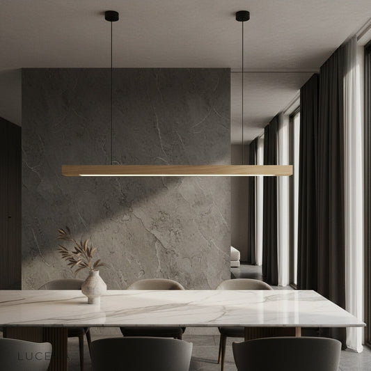 modern black walnut pendant light illuminating a cozy living room with soft ambient glow