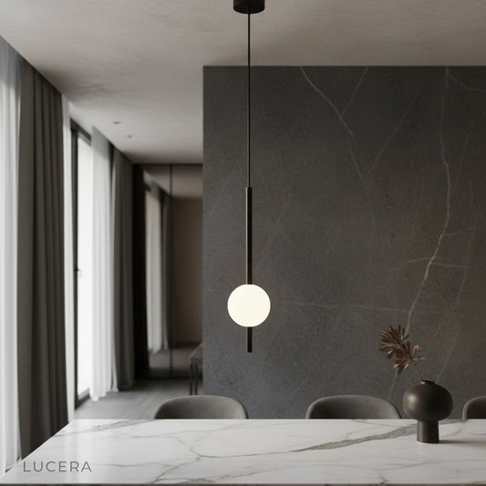 Fjord Sphere Pendant Light illuminating a cozy Nordic bedroom with warm ambient glow