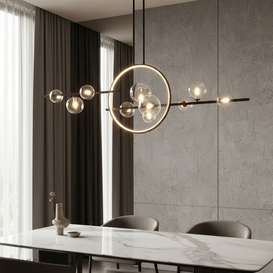 Zona chandelier with black metal frame and glass shades illuminating modern living room