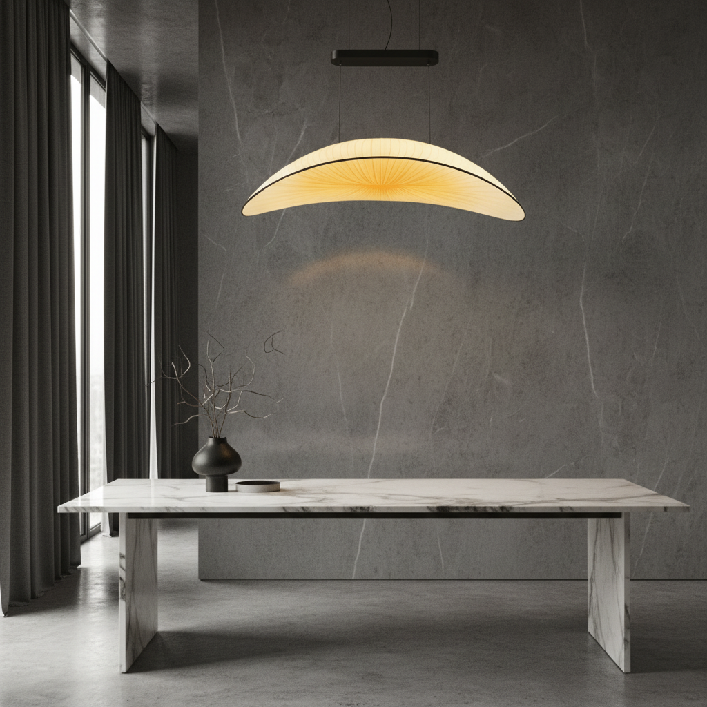 Dart Silk Chandelier hanging above a modern dining table in a bright contemporary living room