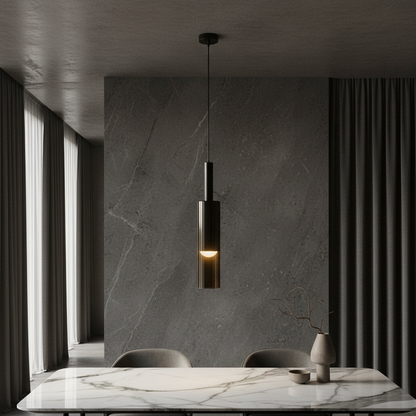Nebulous pendant light with black glass shade illuminating a modern living room