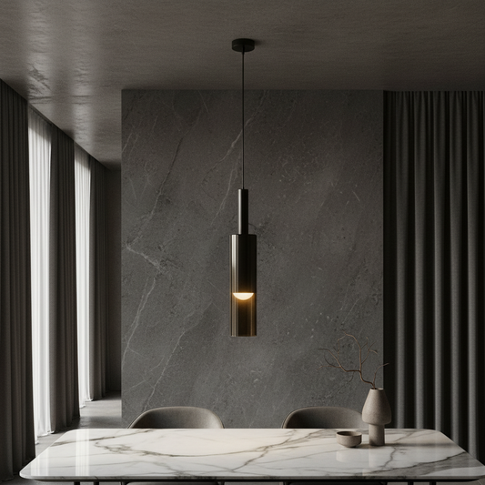 Nebulous pendant light with black glass shade illuminating a modern living room