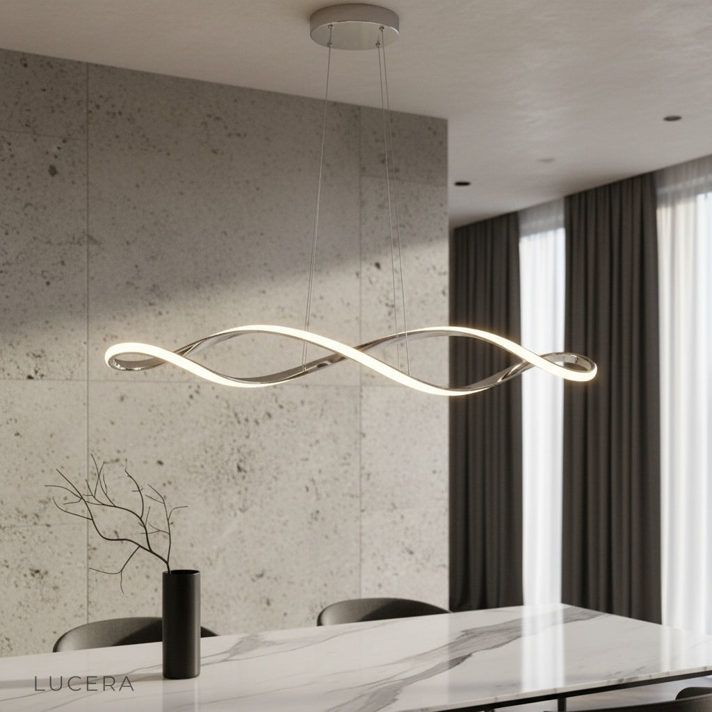 modern Damaske chandelier glowing in elegant living room with polished chrome finish