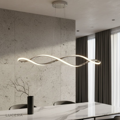 modern Damaske chandelier glowing in elegant living room with polished chrome finish