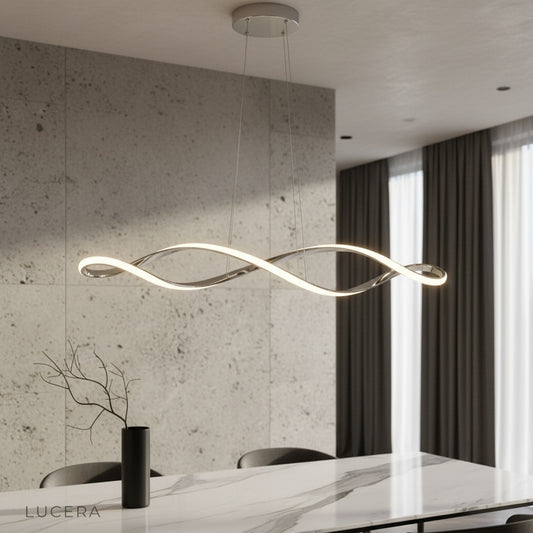 modern Damaske chandelier glowing in elegant living room with polished chrome finish