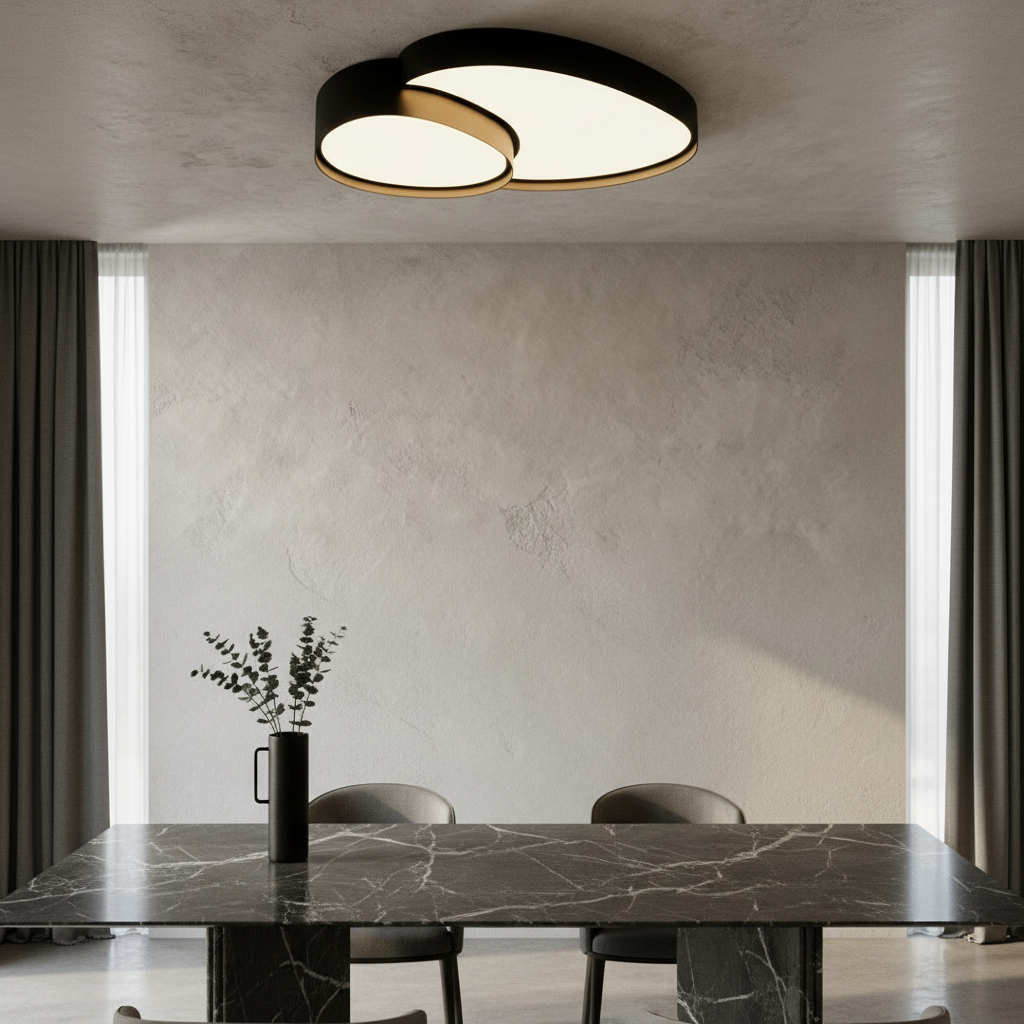 modern Yielding ceiling light glowing above a dining table in a minimalist living room