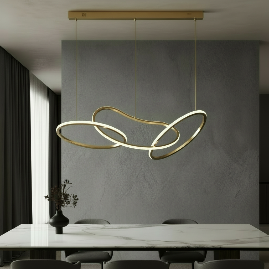 Yakitori sculptural LED chandelier glowing in modern living room with warm ambient light