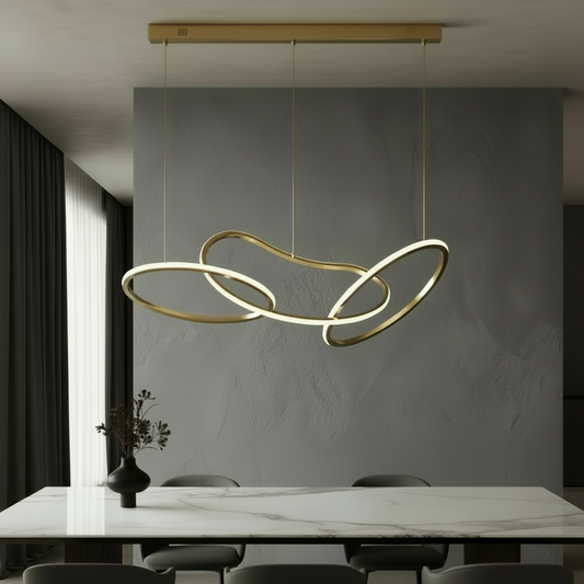 Yakitori sculptural LED chandelier glowing in modern living room with warm ambient light
