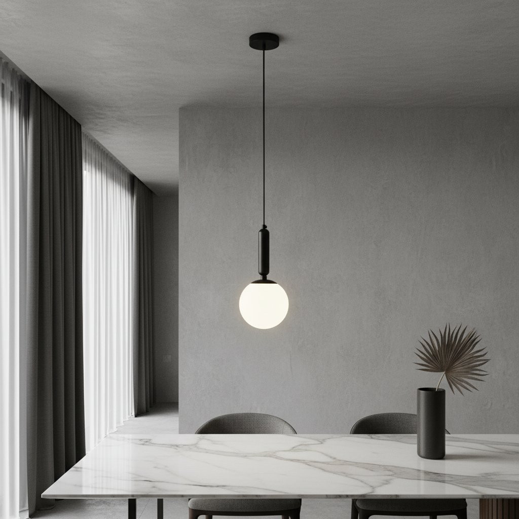 Yvaine pendant light illuminating modern living room with warm ambient glow