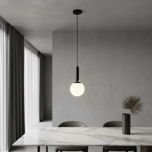 Yvaine pendant light illuminating modern living room with warm ambient glow