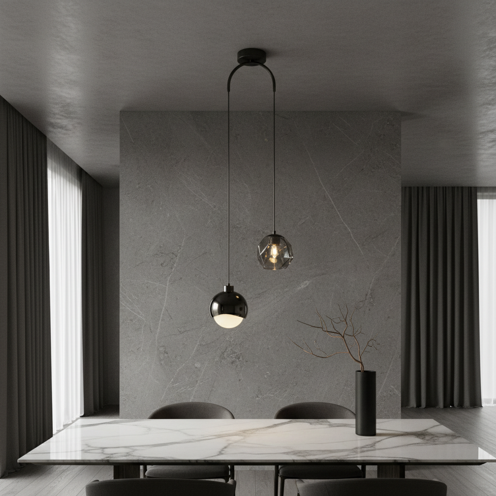 Vale pendant light by Lucera glowing above a modern dining table in an elegant living room