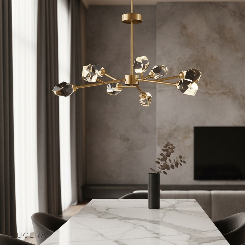 cassia chandelier glowing in modern living room with copper finish and crystal accents