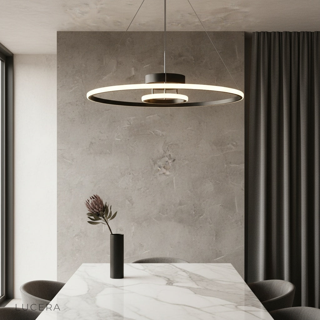Ultramarine ceiling light glowing in modern hallway with minimalist decor