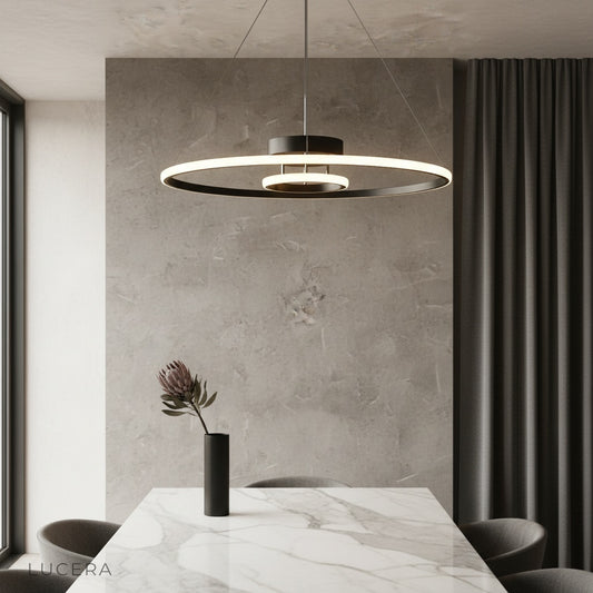 Ultramarine ceiling light glowing in modern hallway with minimalist decor