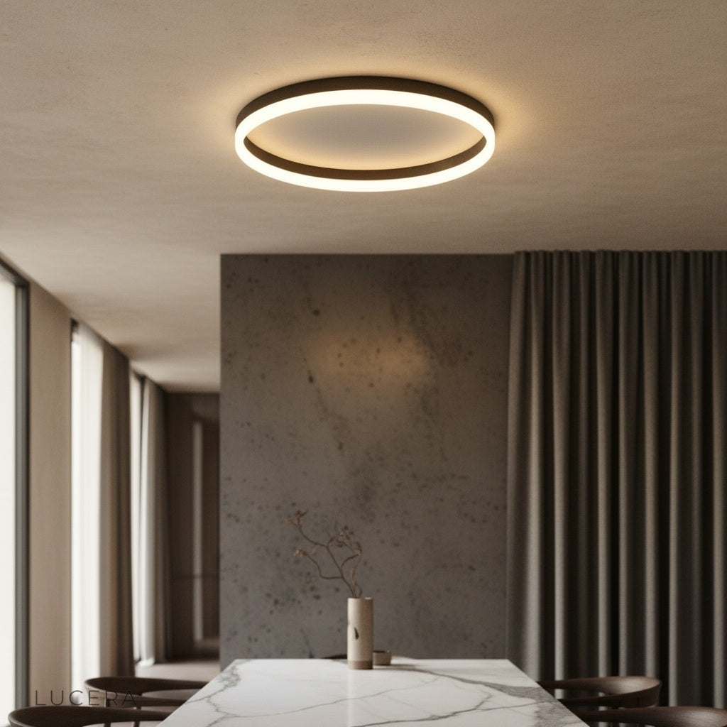 modern Electrum ceiling light glowing in contemporary living room