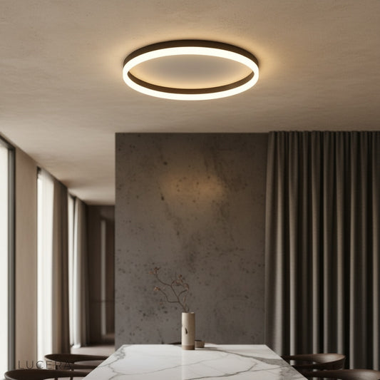 modern Electrum ceiling light glowing in contemporary living room
