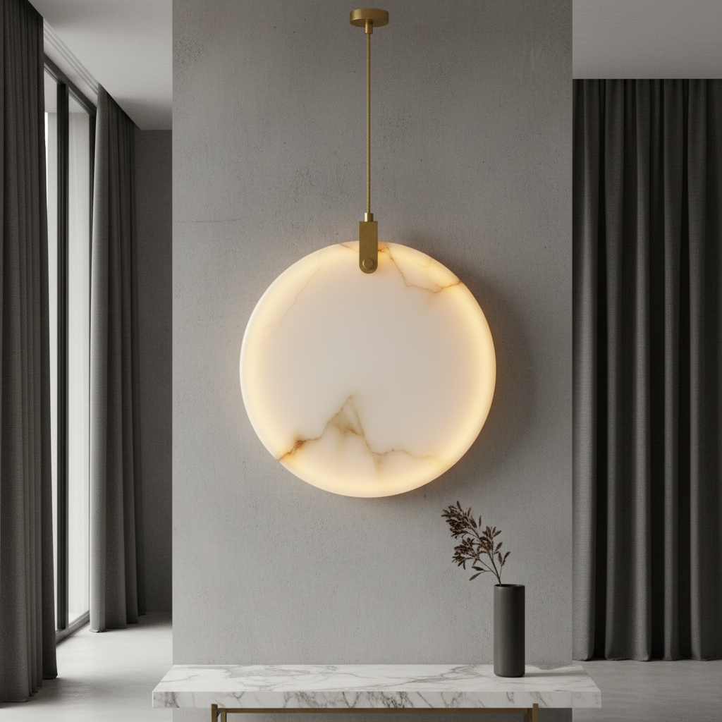 copper and alabaster pendant light glowing in modern bedroom