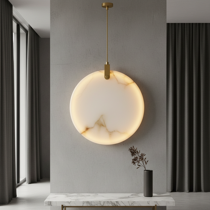 copper and alabaster pendant light glowing in modern bedroom