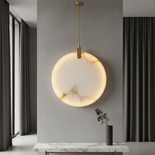 copper and alabaster pendant light glowing in modern bedroom