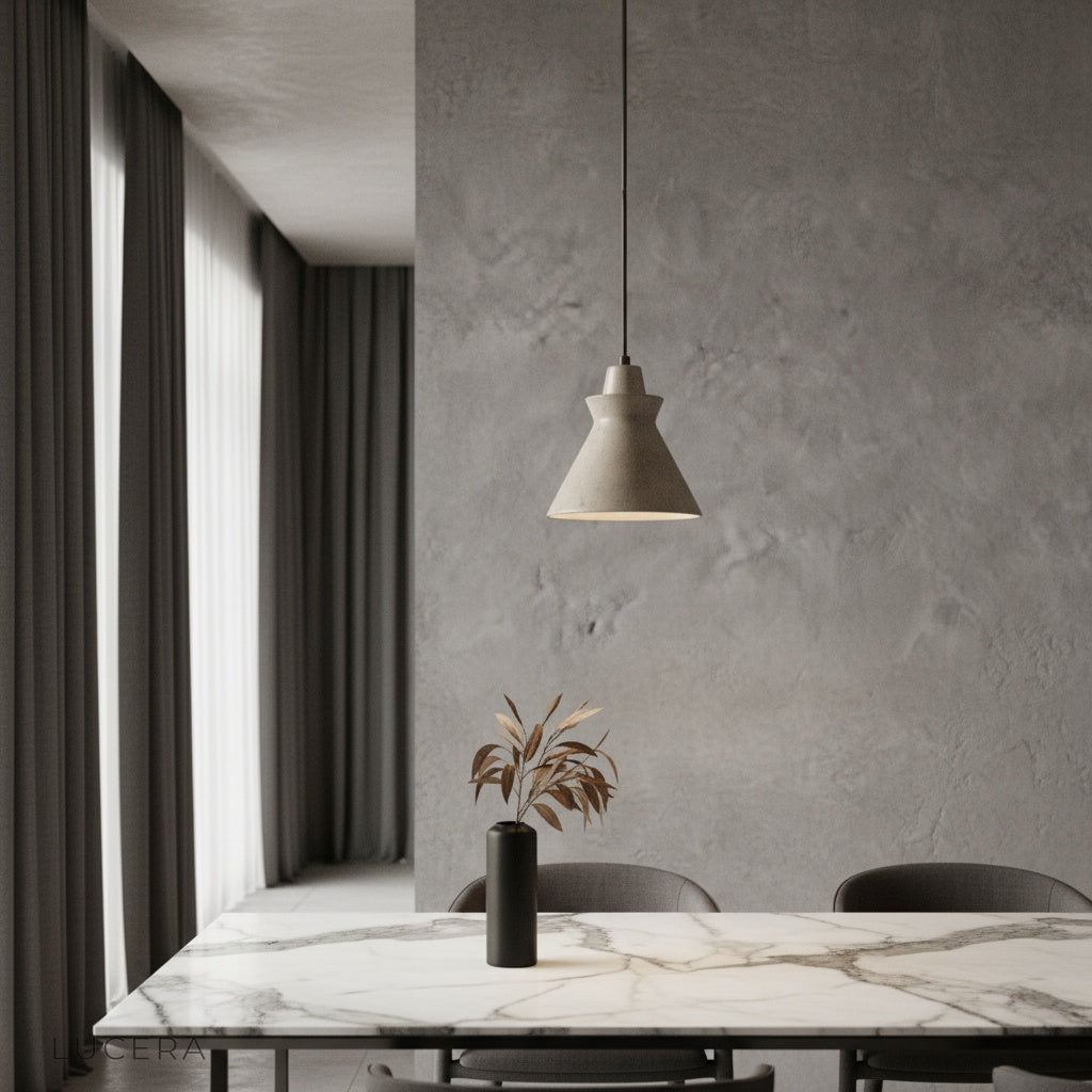 Jazzle pendant light with yellow travertine shade glowing above a modern wooden dining table in a bright living room