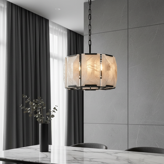 Vivid Round Alabaster Chandelier glowing above a modern dining table in warm ambient light
