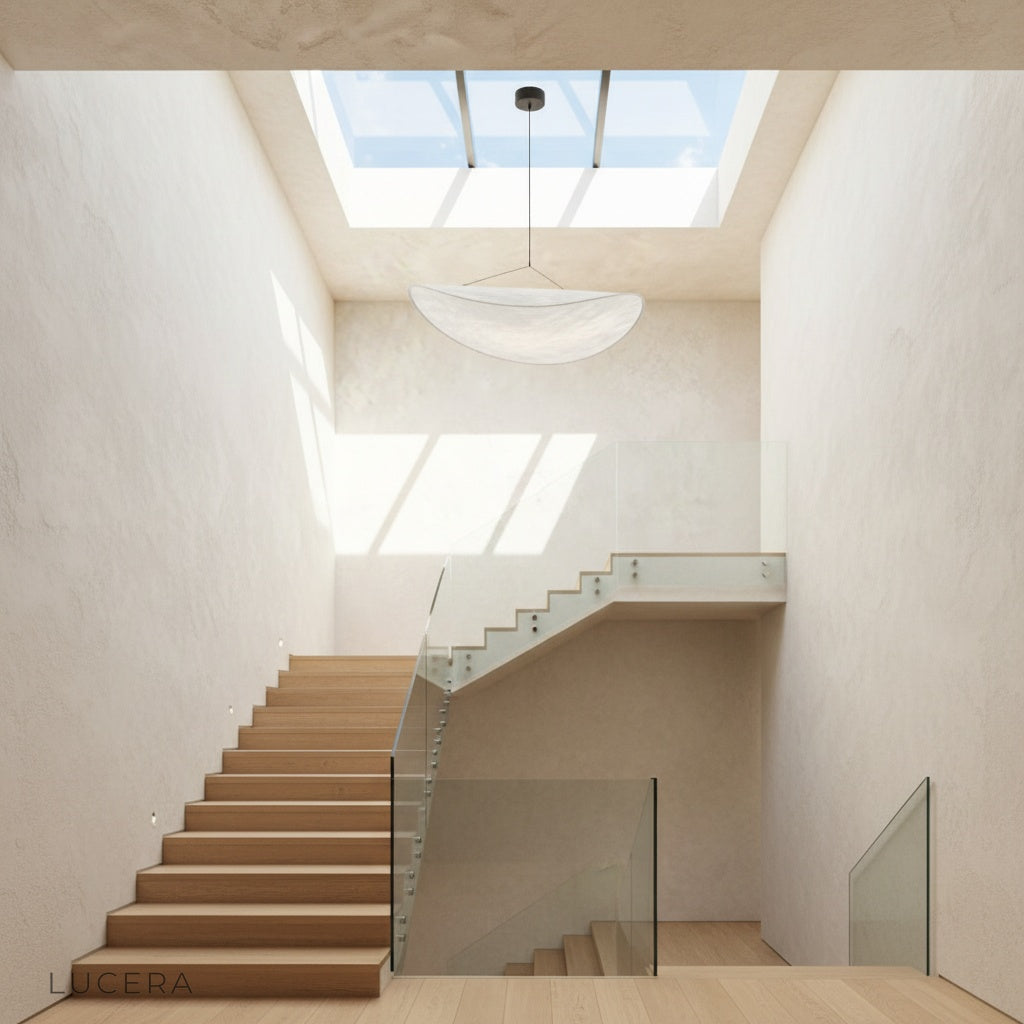 Eridanus pendant light glowing warmly above a modern living room seating area