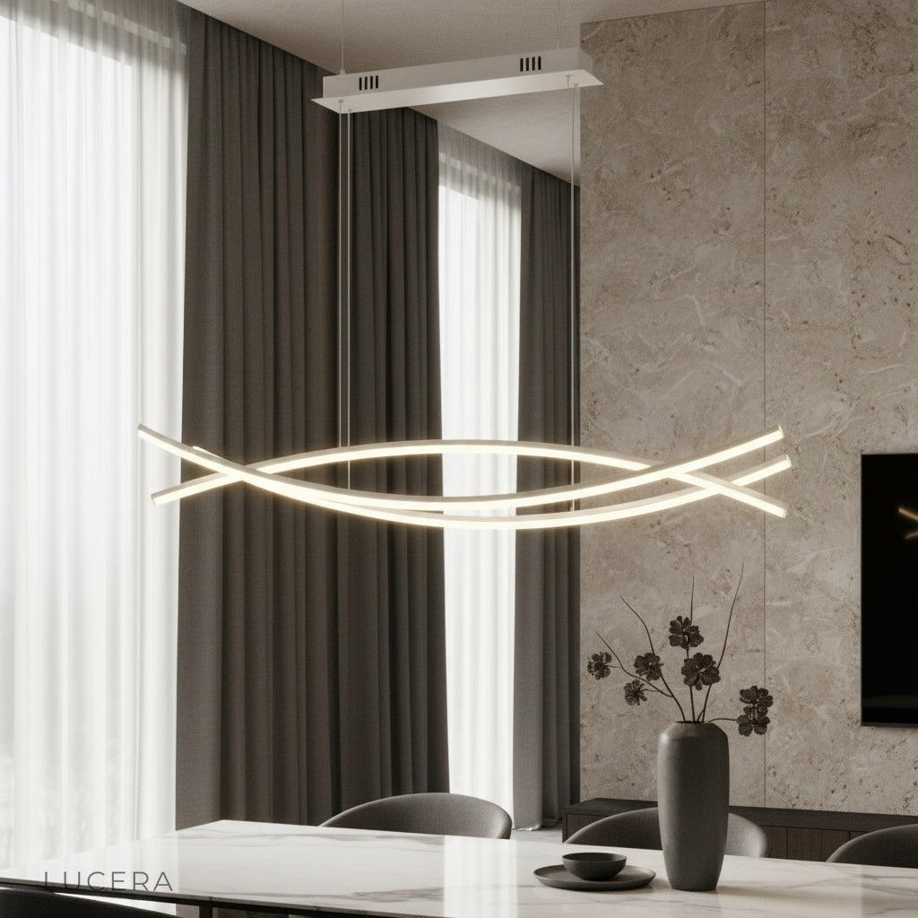 Eterno Chandelier black aluminum glowing in modern living room with warm ambient light