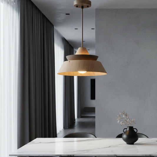 Zacharie layered wood pendant light glowing over a modern dining table