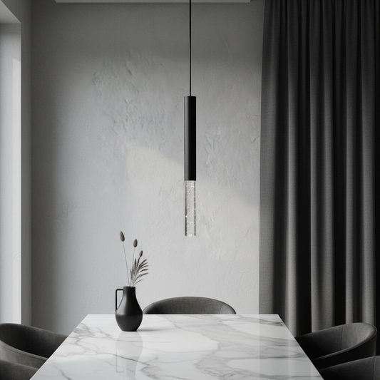 Villa pendant light glowing over modern dining table in contemporary living room