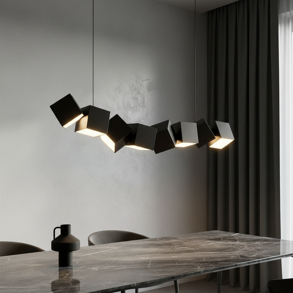 Ypsilon pendant light over modern kitchen island with black angled aluminum cubes