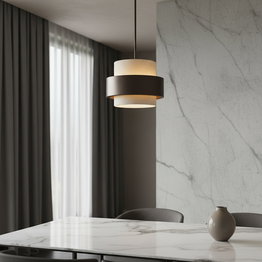 Ultraviolet pendant light glowing above modern wooden dining table in minimalist interior