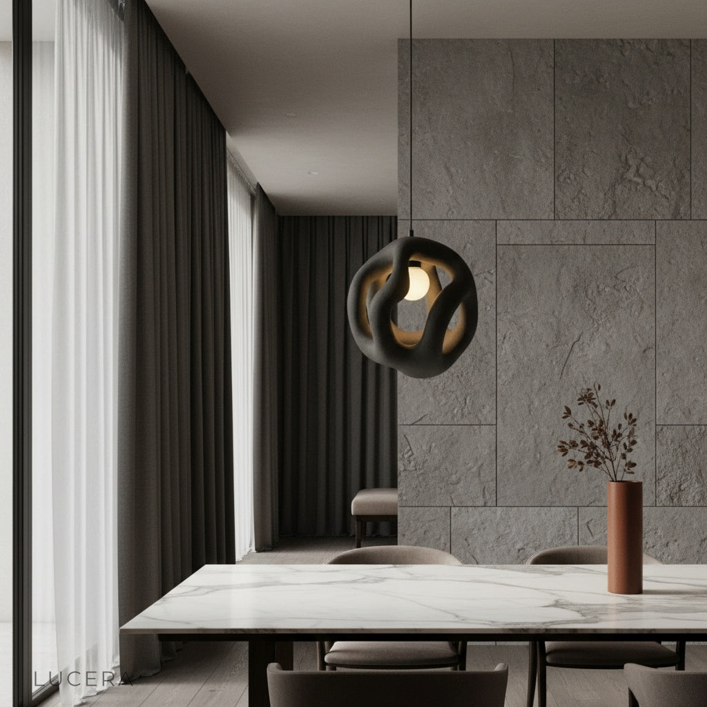 Entwine flame pendant light glowing over modern kitchen island in warm ambient setting