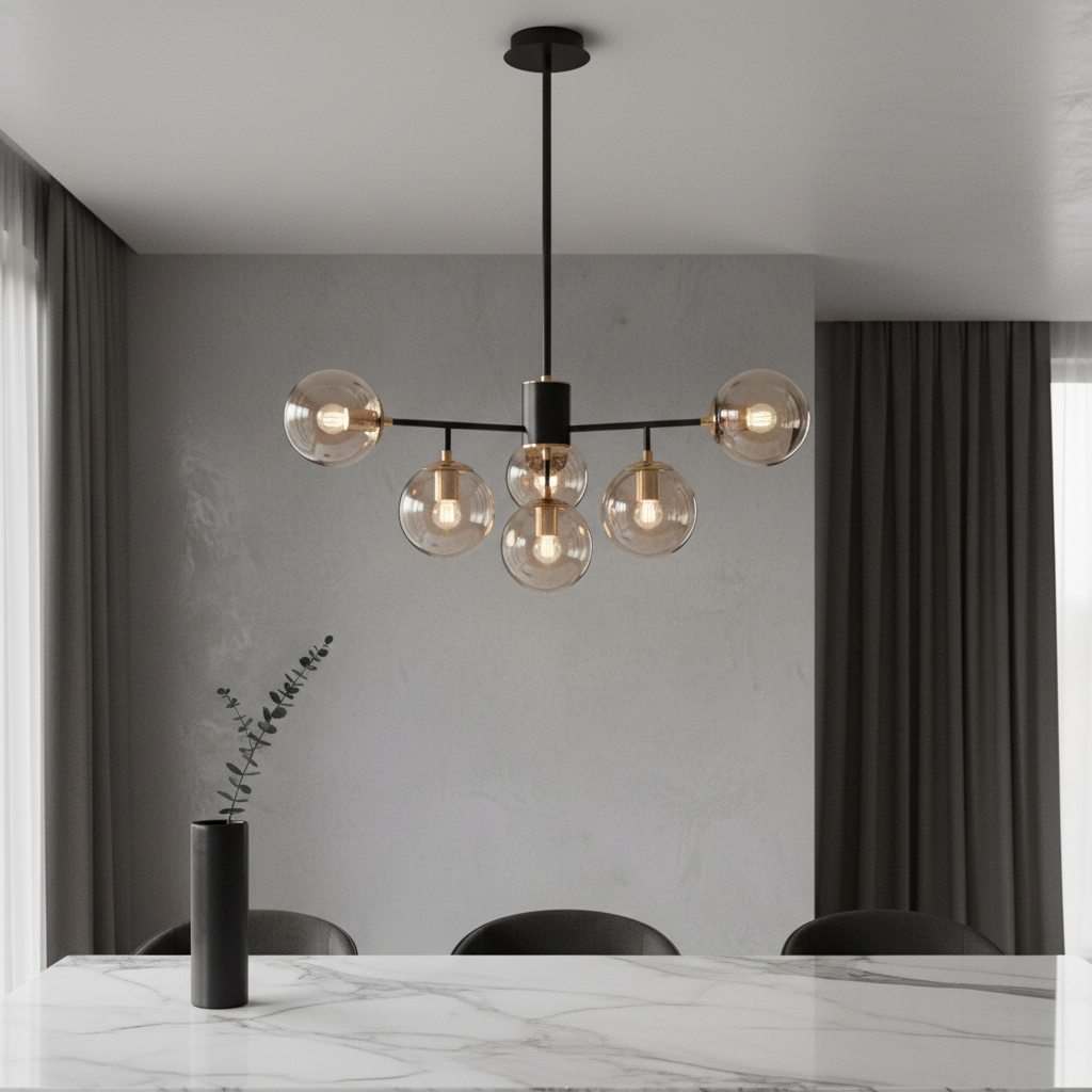 Yett chandelier glowing above modern living room sofa with warm ambient light