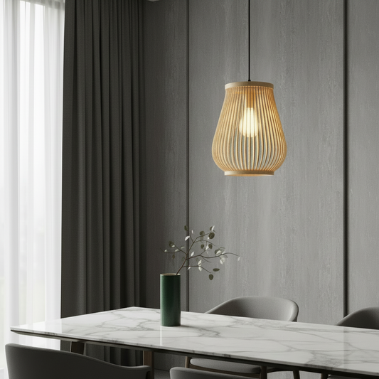 handwoven rattan pendant light illuminating cozy modern living room with natural bamboo glow