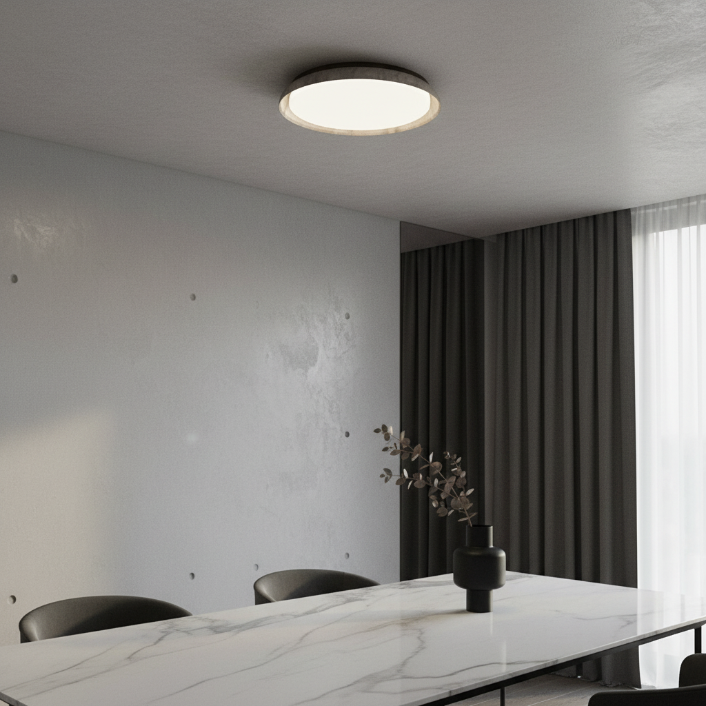 Eau de Vie ceiling light with travertine ring glowing in modern living room
