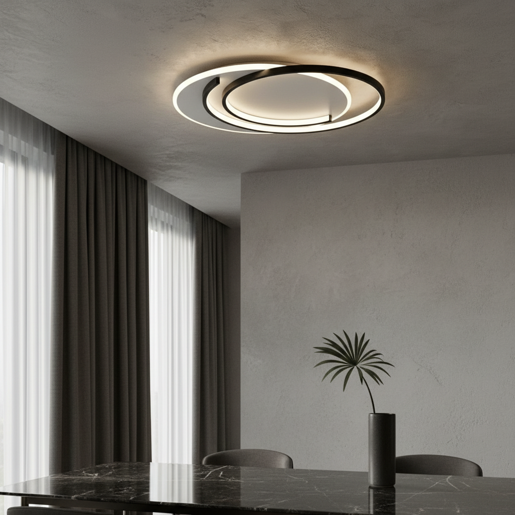Zesty ceiling light glowing warmly above a modern living room sofa