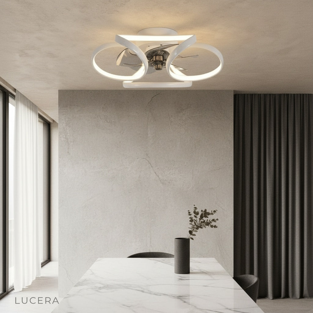 modern white ceiling fan with integrated LED light in minimalist living room