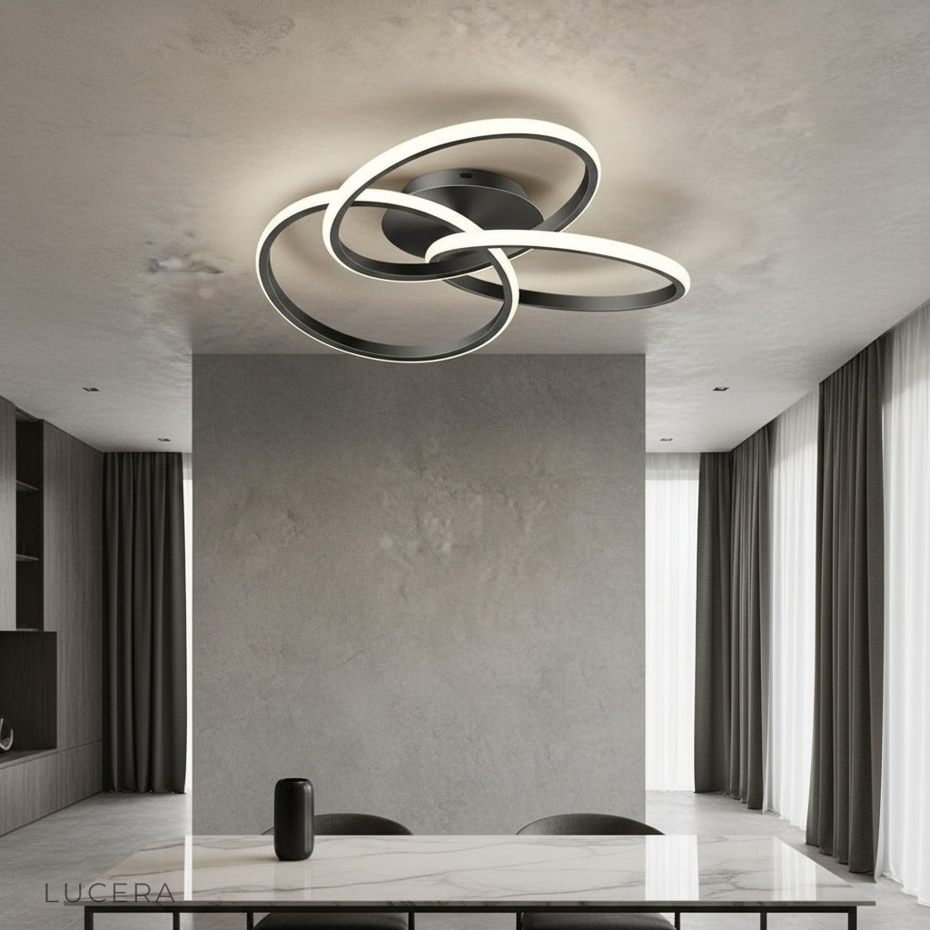 Loom ceiling light illuminating modern bedroom with warm ambient glow