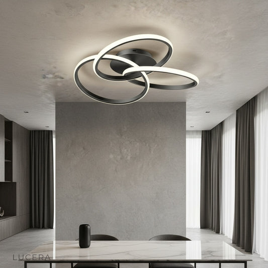 Loom ceiling light illuminating modern bedroom with warm ambient glow