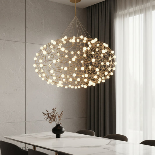 Hippolyta Chandelier stainless steel acrylic globes cascading over modern dining room table