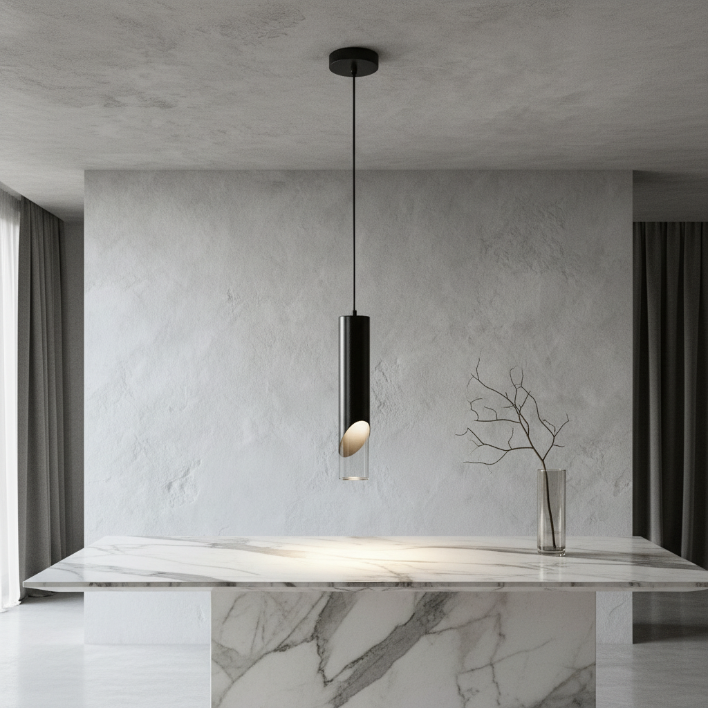 Winifred pendant light glowing over modern dining table in warm neutral living room