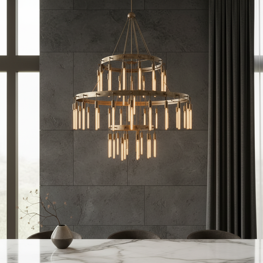 Wreathe 3-tier round chandelier with brass frame and clear bulbs in modern living room