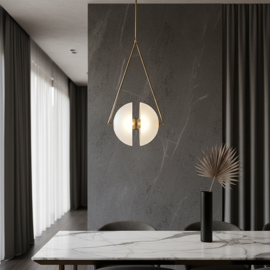 Zephyrus Harmony pendant light glowing over modern dining table in bright living room
